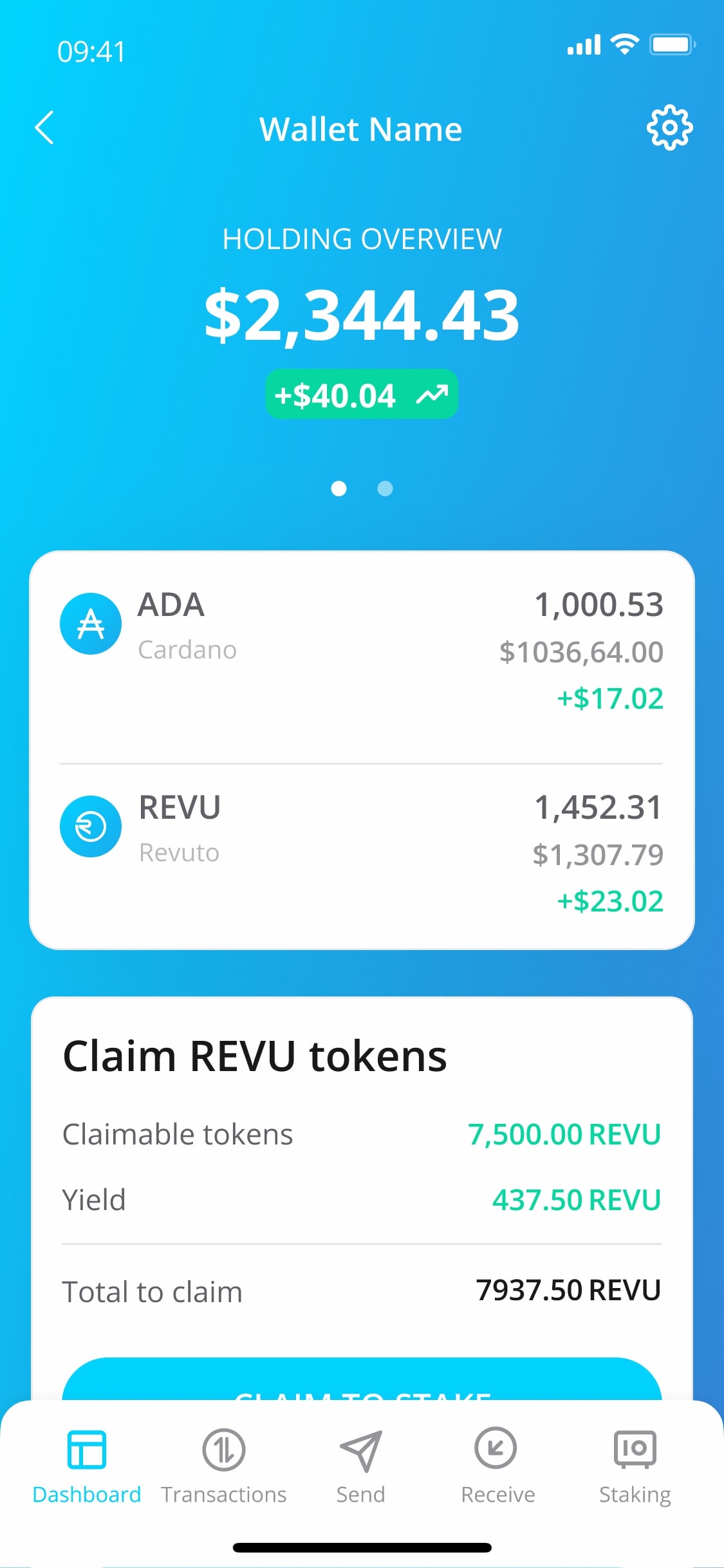 screen with crypto wallet and REVU tokens